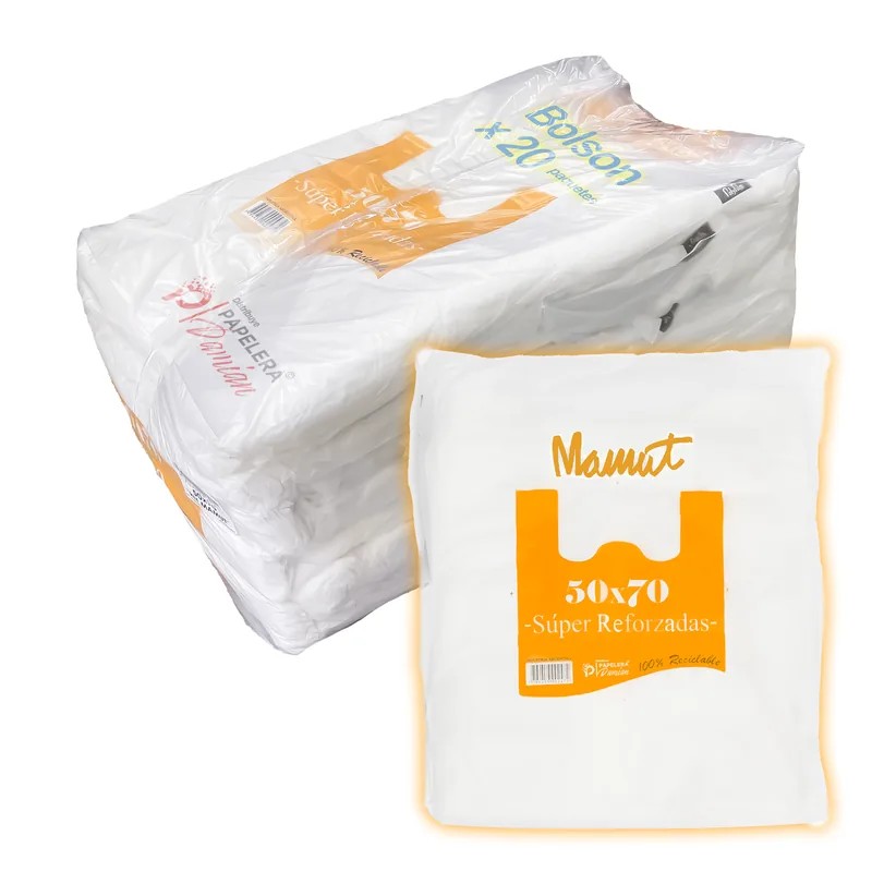 Bulto cerrado de 20 paquetes de bolsa camiseta 50x70 cm Mamut, con un paquete al frente
