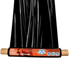 Rollo de film stretch negro con mango 50 cm SonFuertes de 30 micrones, con el film desplegado y los mangos de cartón a los lados