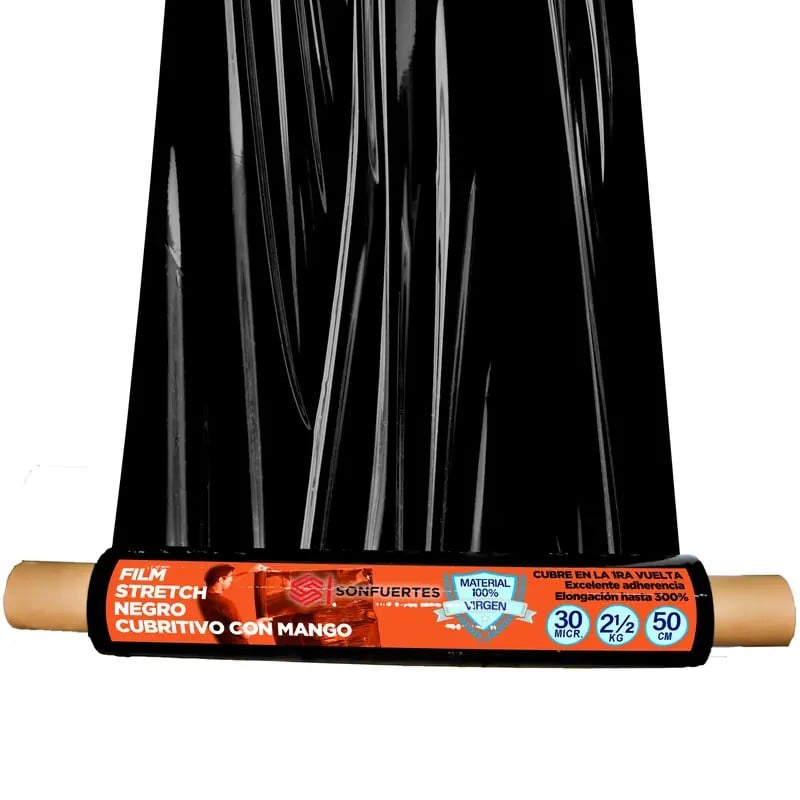 Rollo de film stretch negro con mango 50 cm SonFuertes de 30 micrones, con el film desplegado y los mangos de cartón a los lados Rollo de film stretch negro con mango 50 cm SonFuertes de 30 micrones, con el film desplegado y los mangos de cartón a los lados