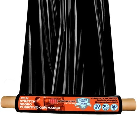 Rollo de film stretch negro con mango 50 cm SonFuertes de 30 micrones, con el film desplegado y los mangos de cartón a los lados