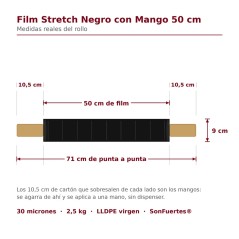 Medidas del rollo de film stretch negro con mango SonFuertes: 71 cm de punta a punta, 50 cm de film, 10,5 cm de mango por lado y
