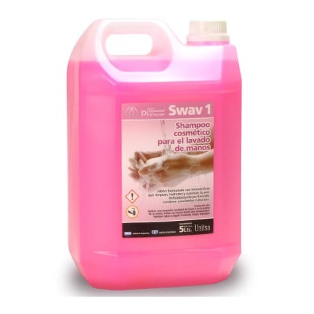 Bidón de 5 litros de jabón líquido para manos Swav 1, con la etiqueta que lo identifica como shampoo cosmético para el lavado de