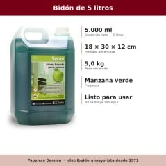 Ficha del bidón de jabón líquido Swav manzana verde: 5.000 ml de contenido, envase de 18 por 30 por 12 centímetros, 5 kilos, fra