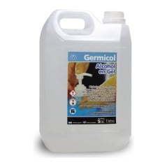 Bidón de 5 litros de alcohol en gel Germicol, con la etiqueta que lo identifica como higienizante instantáneo para manos