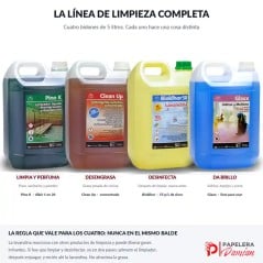 Los tres bidones de 5 litros de la línea: detergente Clean Up, lavandina Bioklhor 55 g/L y limpiavidrios Glaxx, en orden de uso