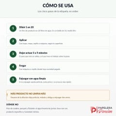 Cómo usar el Pino K: diluir 1 en 20, aplicar, dejar actuar 3 a 5 minutos, fregar con cepillo o máquina y enjuagar