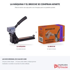La abrochadora Dorking junto a la caja de 5000 broches 5/8 cobreados SonFuertes: la máquina y el broche se compran aparte