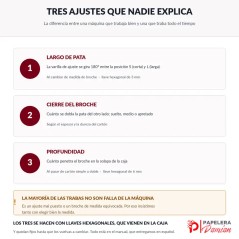 Los tres ajustes de la abrochadora Dorking: largo de pata en posición S o L, cierre del broche y profundidad de penetración