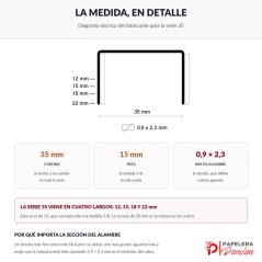 Medidas del broche Dorking 35/15: corona de 35 mm, pata de 15 mm y alambre cobreado de seccion 0,9 por 2,3 mm