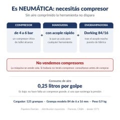 Necesita compresor de 4 a 6 bar y manguera con acople rapido: consume 0,25 litros de aire por golpe