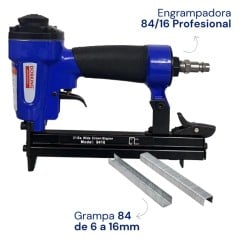 Engrampadora Dorking 84/16 junto a dos tiras de grampa modelo 84, que admite de 6 a 16 mm de largo de pata