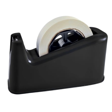 Porta cinta adhesiva grande negro SonFuertes con un rollo de cinta de papel montado