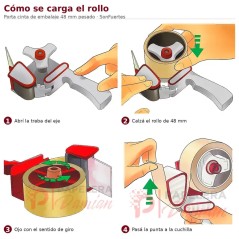 Como se carga el rollo de cinta en el porta cinta de embalaje 48 mm en cuatro pasos