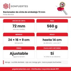 Ficha técnica del racionador SonFuertes de 72 mm: cinta de 72 mm, 560 g sin rollo, 24 x 16 x 9 cm, rollo de hasta 14 cm, freno a