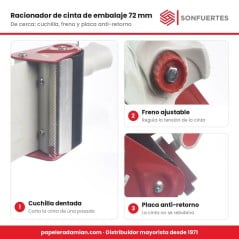 Detalle del racionador SonFuertes de 72 mm: cuchilla dentada, perilla del freno ajustable y placa anti-retorno