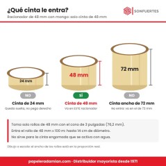 Qué cinta le entra al racionador de 48 mm con mango: solo cinta de 48 mm; la de 24 mm queda suelta y la de 72 mm no entra