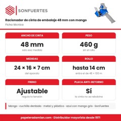 Ficha técnica del racionador SonFuertes de 48 mm con mango: 460 g sin rollo, 24 x 16 x 7 cm, rollo de hasta 14 cm, freno ajustab