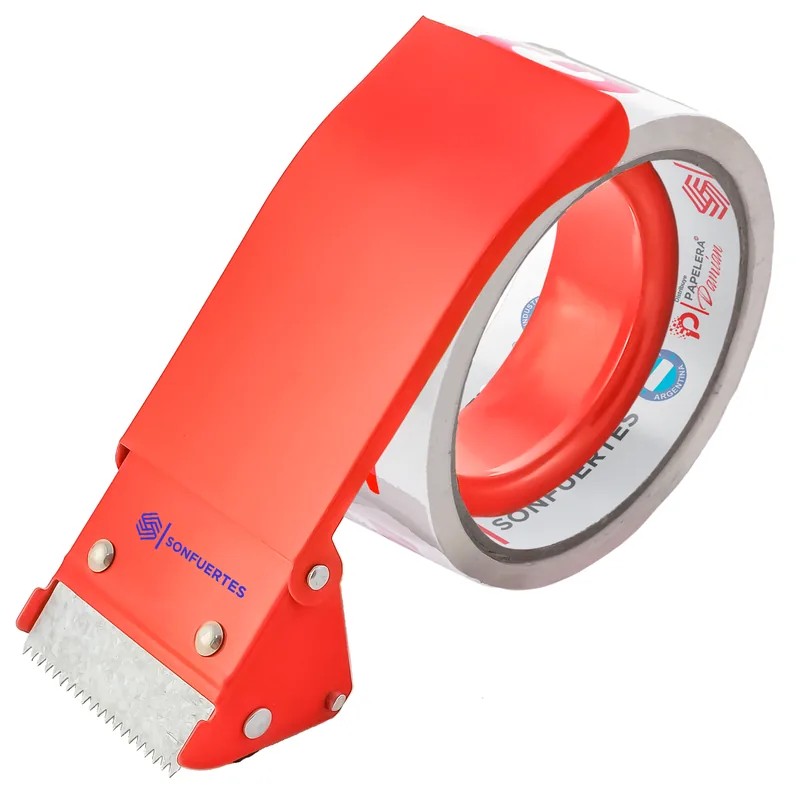 Porta cinta de embalaje SonFuertes de 48 mm sin mango, de metal rojo, con un rollo montado (se vende sin cinta)