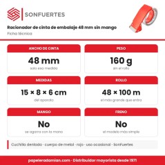 Ficha técnica del racionador SonFuertes de 48 mm sin mango: 160 g sin rollo, 15 x 8 x 6 cm, entra el rollo de 48 x 100 m, sin ma