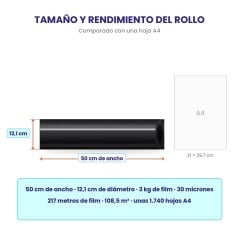 Escala del rollo de film stretch coreless de 50 cm junto a una hoja A4