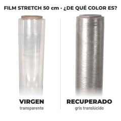 Film stretch recuperado gris translúcido al lado del film stretch virgen transparente, rollos de 50 cm