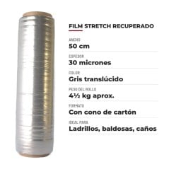 Film stretch recuperado SonFuertes 50 cm 30 micrones gris translúcido, rollo de 4,5 kg con cono de cartón para ladrillos, baldos