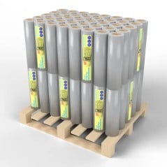 Palet de 80 rollos de film stretch recuperado SonFuertes 50 cm, 2 pisos de 8 x 5 sobre tarima de 120 x 100 cm