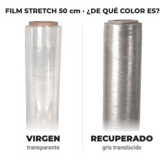 Film stretch recuperado gris translúcido al lado del film stretch virgen transparente, rollos de 50 cm