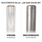 Film stretch recuperado gris translúcido al lado del film stretch virgen transparente, rollos de 50 cm Film stretch recuperado gris translúcido al lado del film stretch virgen transparente, rollos de 50 cm