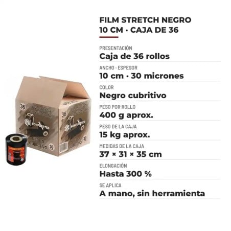 Film Stretch 10 cm Virgen Negro Para Atar Caja 36 rollos