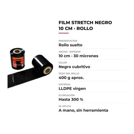 Film Stretch Negro 10 cm Cubritivo Virgen Rollo 400 g SonFuertes