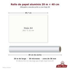 Rollo de papel aluminio de 40 cm de ancho dibujado a escala junto a una hoja A4