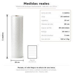 Medidas del rollo de plástico de burbujas de 1 metro: 25 metros de largo y burbuja de 10 mm