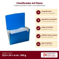 Clasificador A4 Plana azul con sus características: 13 compartimentos, 12 separadores con pestaña, solapa con elástico, 32,5 × 2