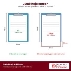 Dibujo a escala del portablock A4 Plana de 32 × 23 cm: la hoja A4 entra entera y la oficio sobresale 3,6 cm