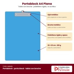 Portablock A4 Plana celeste: broche metálico, ojal metálico para colgar, polietileno rígido y opaco, 32 × 23 cm, 220 g