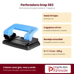Perforadora Grap 583 azul: hasta 10 hojas de 80 g, 2 agujeros a 8 cm, bandeja removible, 11 × 7 × 6 cm, 220 g