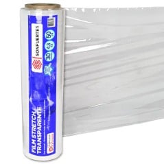 Film stretch transparente 50 cm SonFuertes, rollo de 4,3 kg con etiqueta y film desplegado