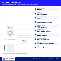 Ficha técnica a escala del film stretch de 10 cm: rollo de 9 cm de diámetro y cono de 38 mm, junto a una hoja A4