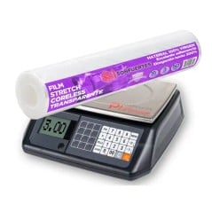 Rollo de film stretch coreless transparente en la balanza: marca 3,00 kg, todo film, sin tubo de cartón