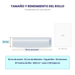 Tamaño del rollo de film stretch coreless transparente: 50 cm de ancho y 12,1 cm de diámetro al lado de una hoja A4, 217 metros