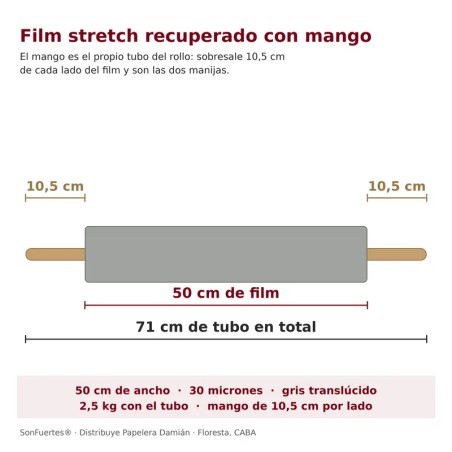 Film Stretch Recuperado con Mango 50 cm 30 µm Gris – Rollo 2,5 kg SonFuertes®