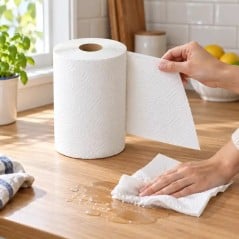 Rollo de cocina blanco en uso, secando un derrame sobre la mesada