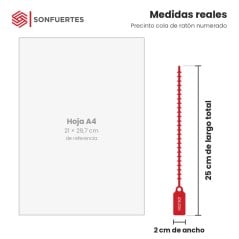 Medidas del precinto cola de ratón: 25 cm de largo y 2 cm de ancho junto a una hoja A4