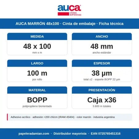 Cinta de embalaje AUCA marrón 48 mm x 100 m - Caja x36