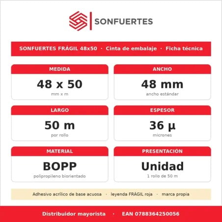 Cinta de embalaje Frágil SonFuertes 48 mm x 50 m - Unidad