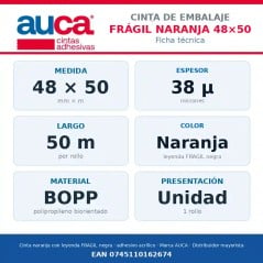 Cinta de embalaje Frágil Naranja AUCA 48 mm x 50 m - Unidad