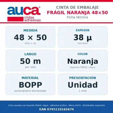 Cinta de embalaje Frágil Naranja AUCA 48 mm x 50 m - Unidad