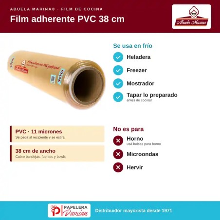 Papel Film Adherente PVC 38 cm x 500 Abuela Marina Caja x 12 Rollos