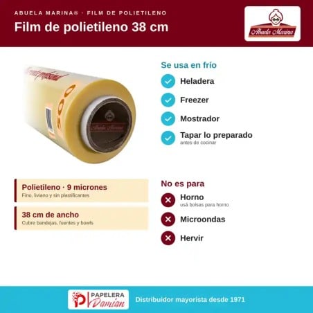 Papel Film Polietileno 38 cm x 500 Abuela Marina Caja x 12 Rollos